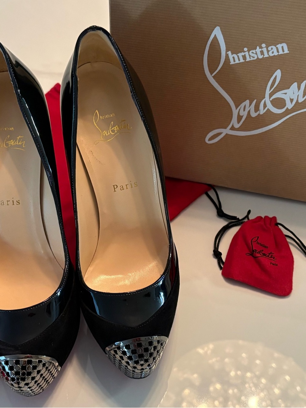 Christian Louboutin Black Patent & Suede Cap-Toe Pumps with Metallic Studded Toe